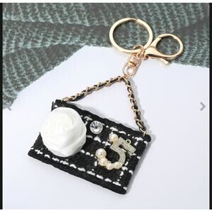 Black Fabric Flower Pearl Bag Charm/Keychain